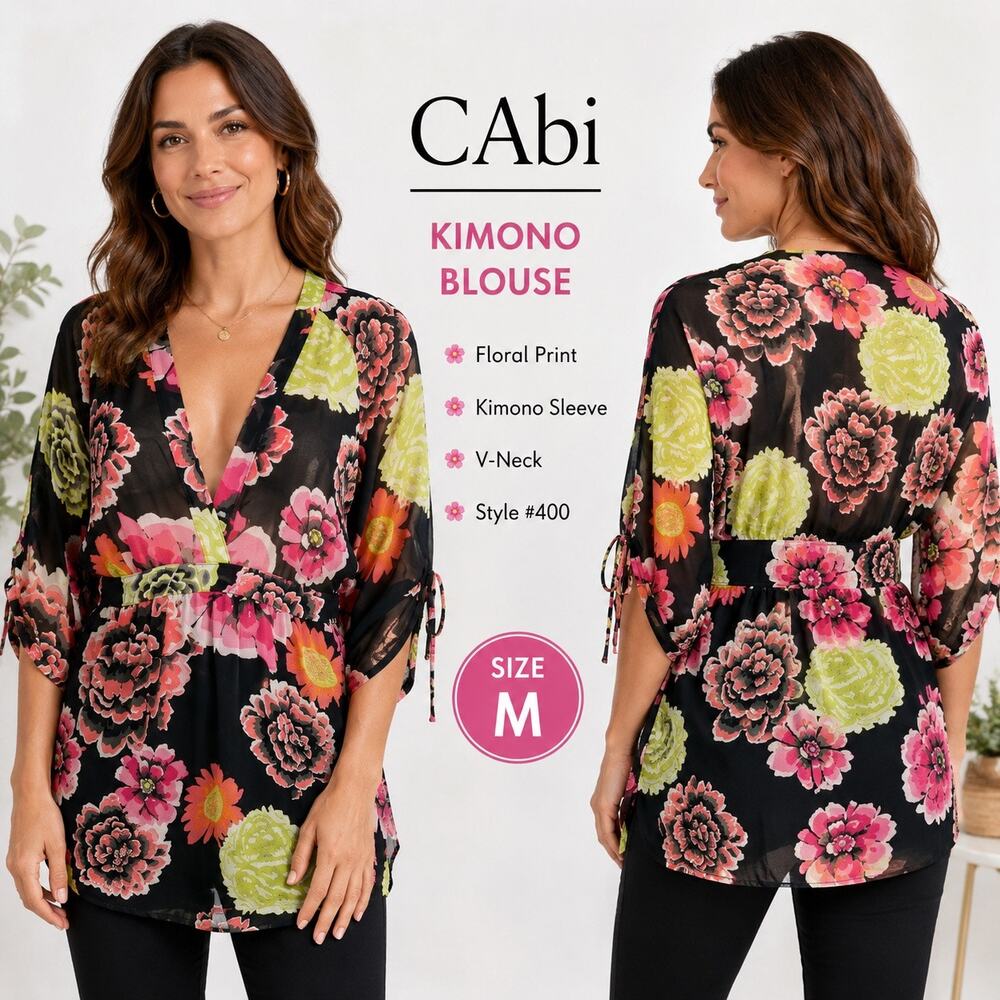 CAbi Womens Kimono Blouse Floral Print Black Pink Green Yellow V Neck Medium 400